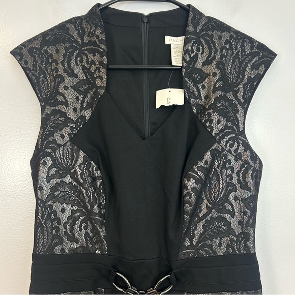 Cache Black/Silver Lace Cap Sleeve Sheath Cocktail Dress Size 10 - Picture 10 of 10